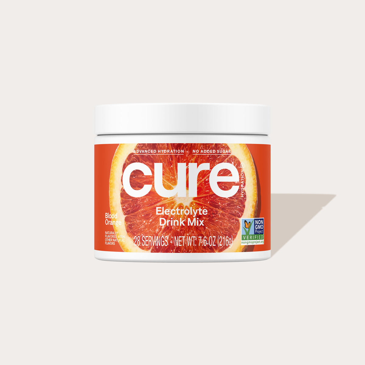 Cure Electrolyte Drink Mix Blood Orange flavor container with a sliced blood orange image on the label