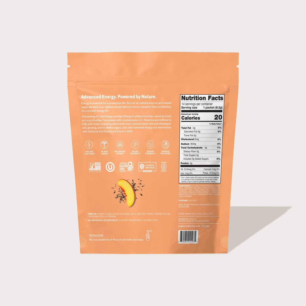 Back of an orange food package showing nutrition facts and product information, including calories 20, total fat 0g, sodium 0mg, total carbohydrates 5g, sugars 4g, protein 0g.