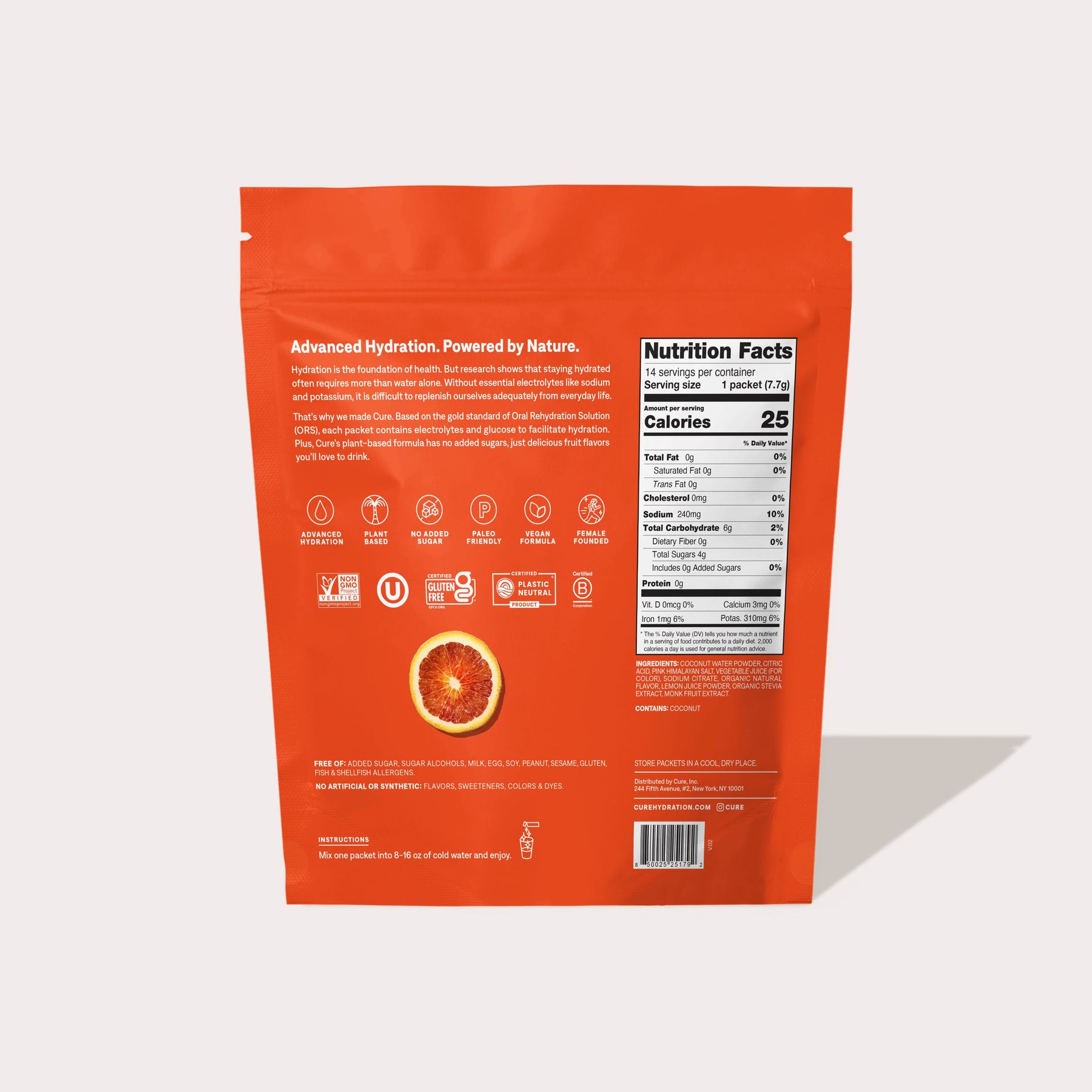 Back of Blood Orange flavored product packaging showing nutrition facts and product information