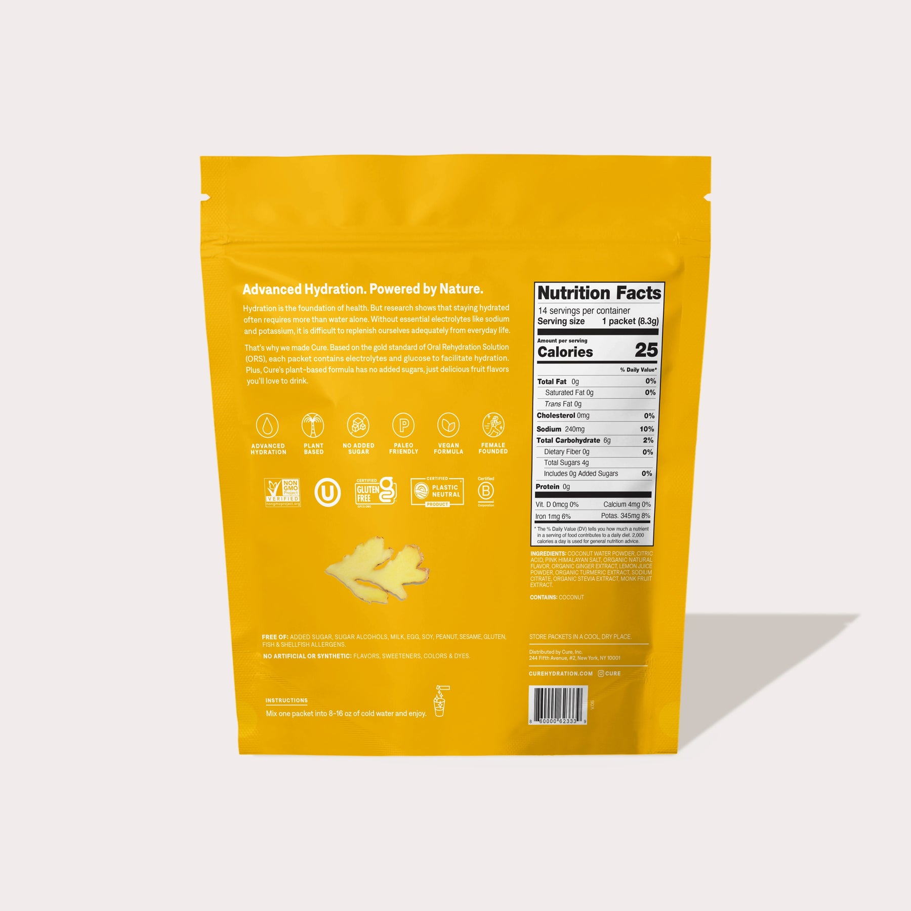 Back of yellow Ginger Turmeric product package showing nutrition facts and icons