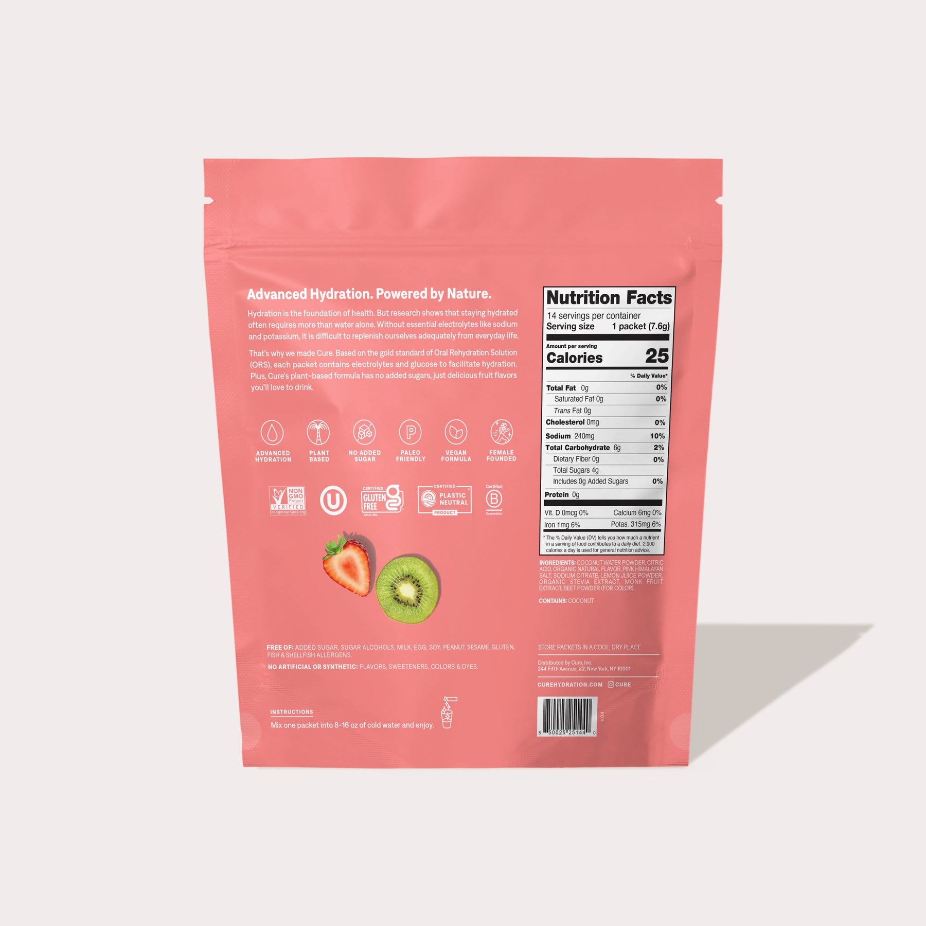 Back of a pink product package showing nutrition facts, strawberry and kiwi images, and ingredient information.