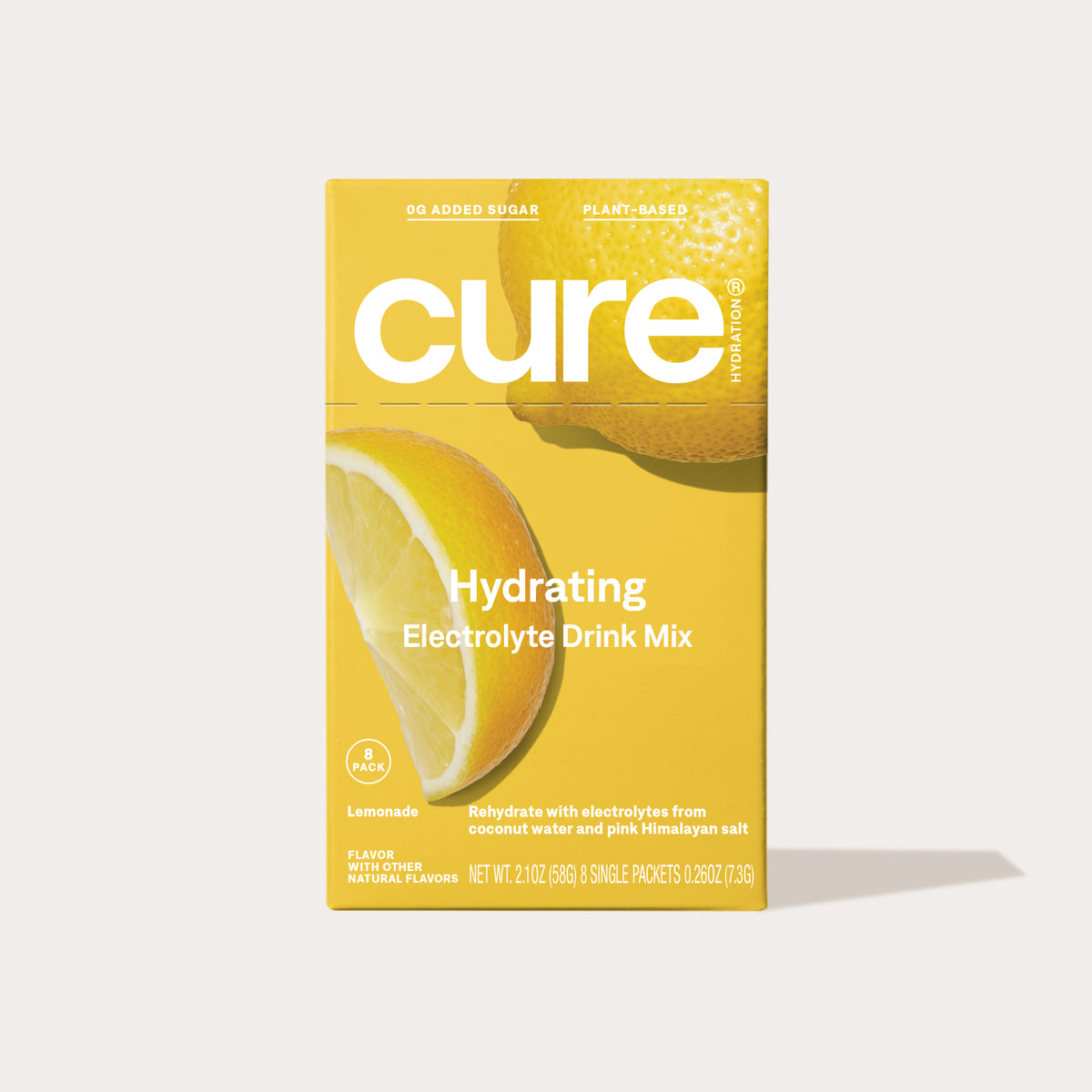 Cure Hydration Lemonade Electrolyte Drink Mix box with lemon image and text about electrolytes and natural flavors