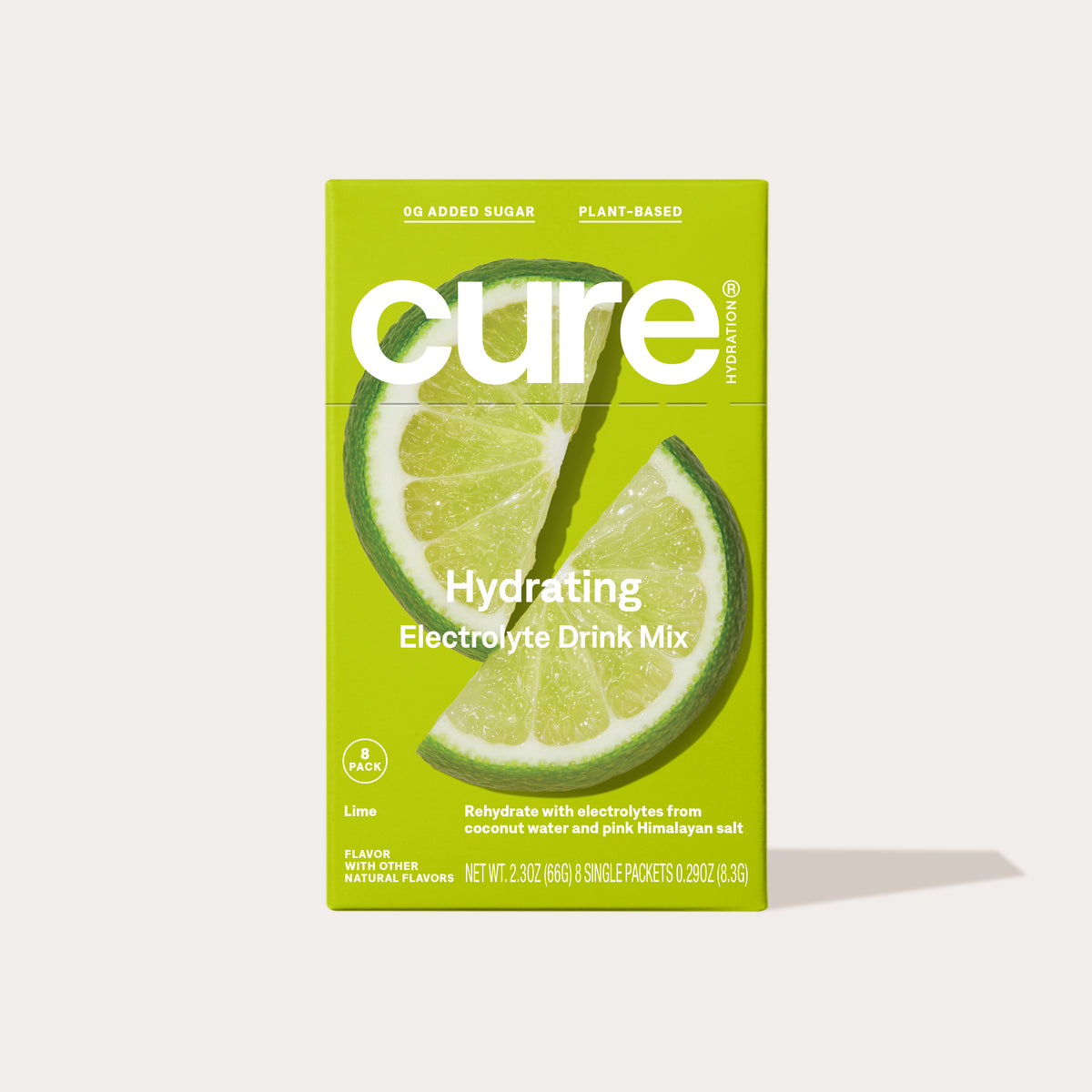 Cure Hydration lime electrolyte drink mix box with lime slices and text: OG ADDED SUGAR, PLANT-BASED, Hydrating Electrolyte Drink Mix, 8 PACK, Lime, Rehydrate with electrolytes from coconut water and pink Himalayan salt, FLAVOR WITH OTHER NATURAL FLAVORS