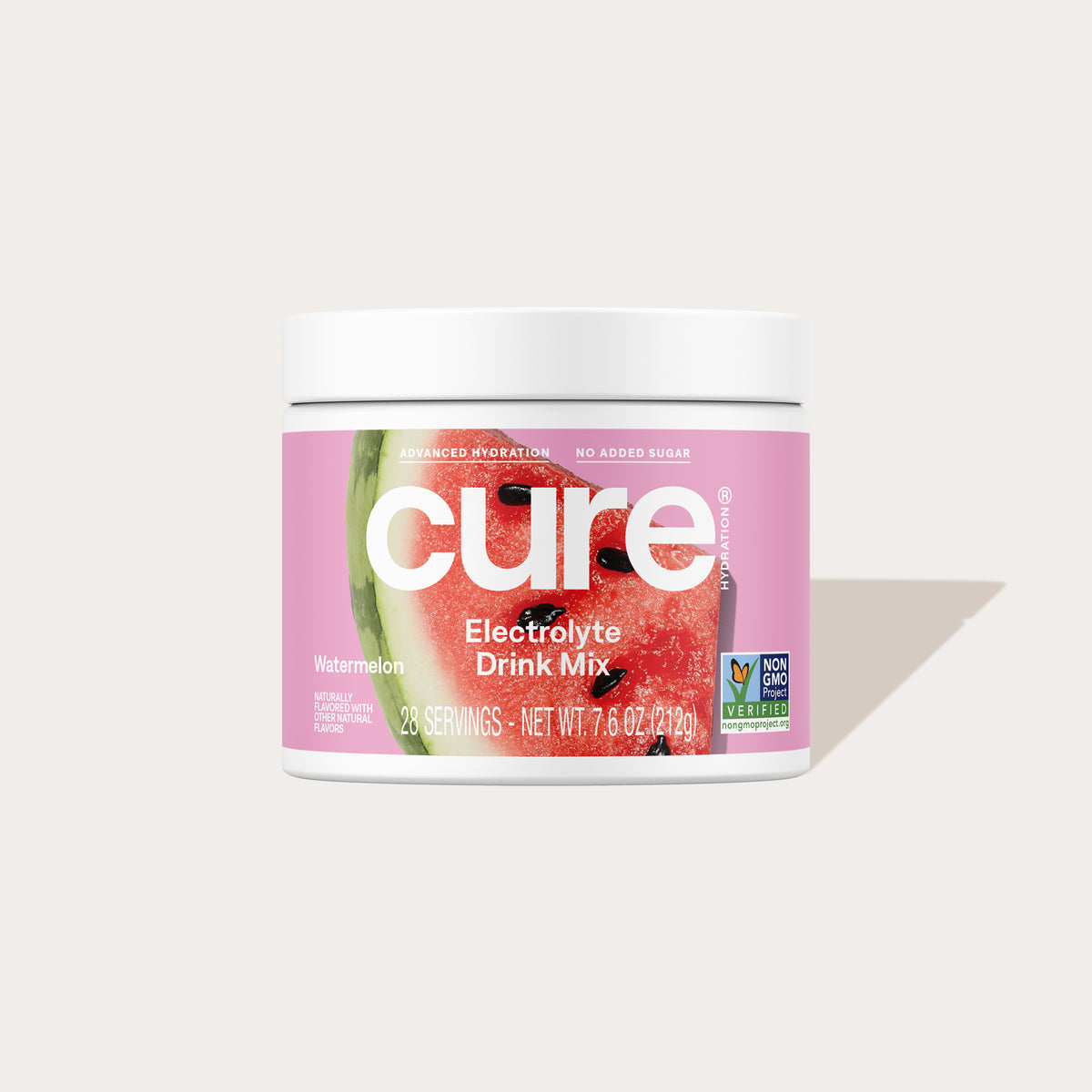 Container of Cure Electrolyte Drink Mix, Watermelon flavor, with a pink label showing a watermelon slice.
