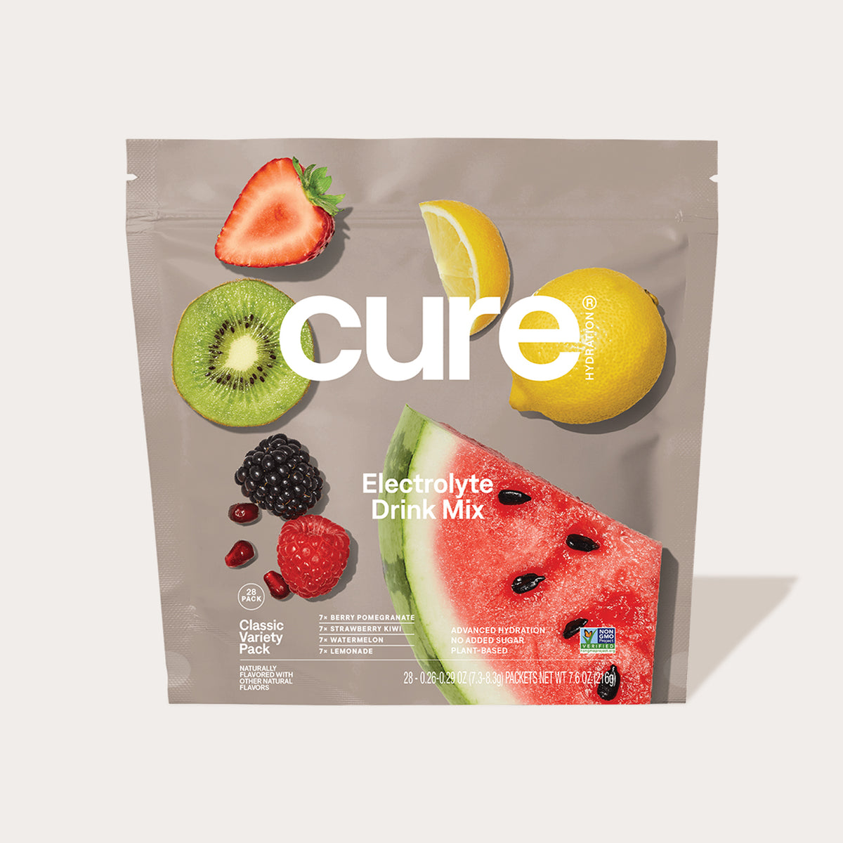 Cure Electrolyte Drink Mix Classic Variety Pack with images of strawberry, kiwi, lemon, blackberry, raspberry, watermelon