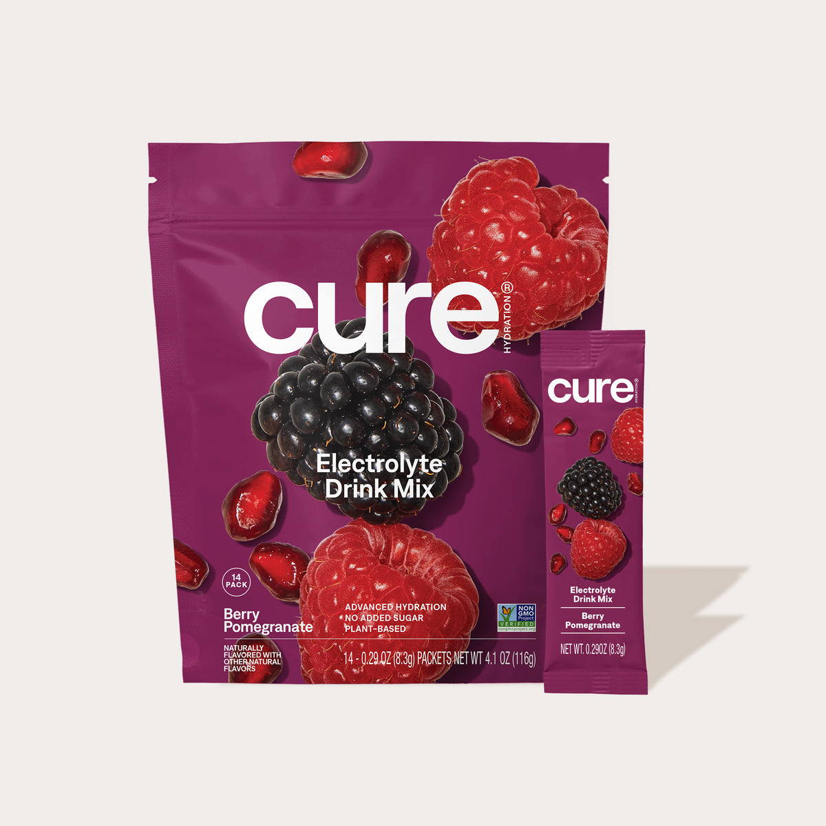 Cure Hydrate Drink Mix Berry Pomegranate flavor packaging showing a purple pouch and a single stick pack with images of pomegranate and berries