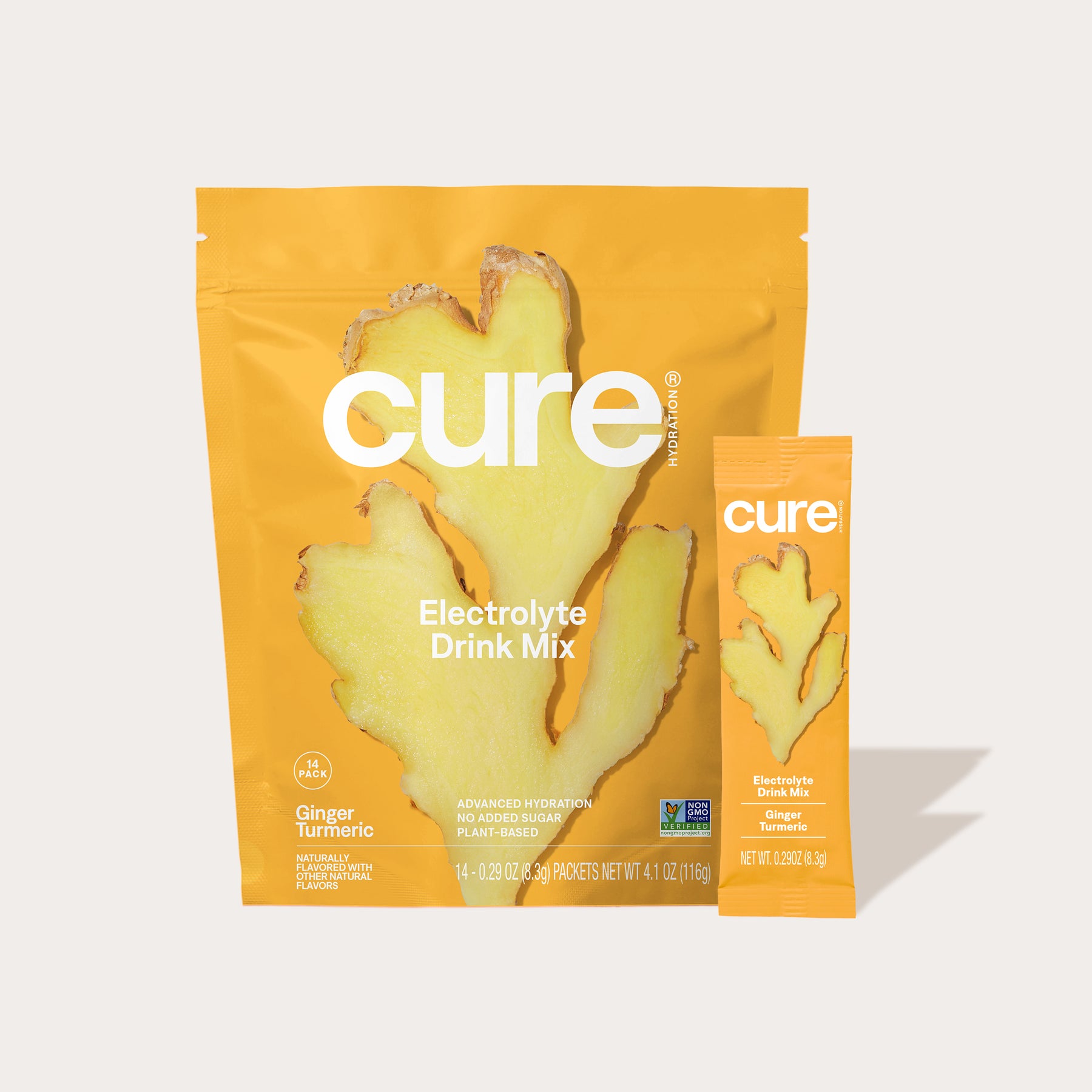 Cure Hydration Ginger Turmeric Electrolyte Drink Mix package with ginger root image