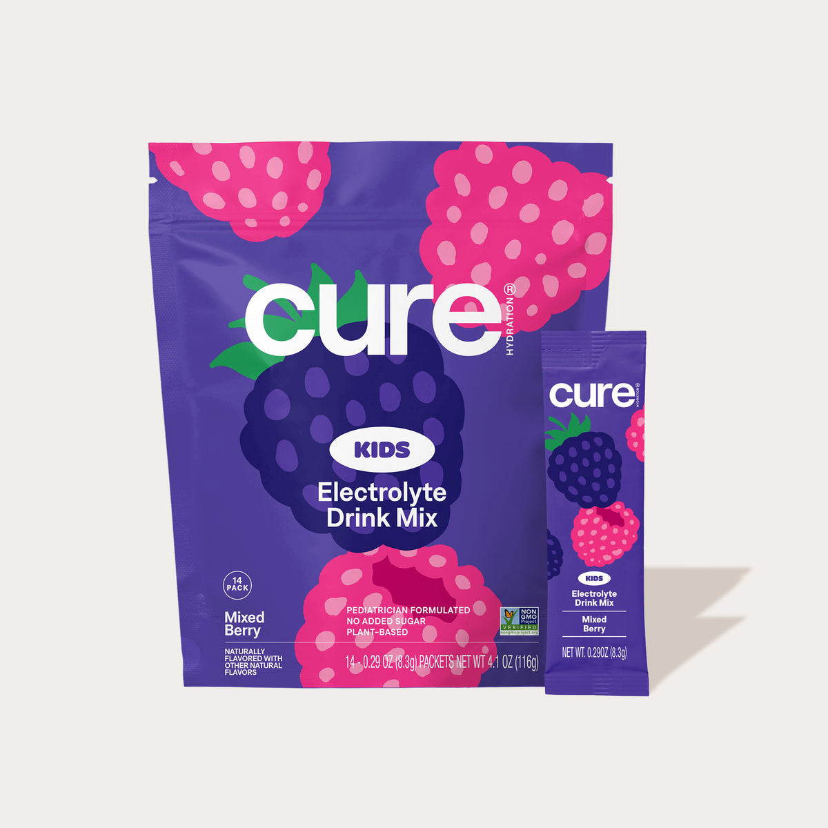 Cure KIDS Electrolyte Drink Mix Mixed Berry flavor packaging with images of berries