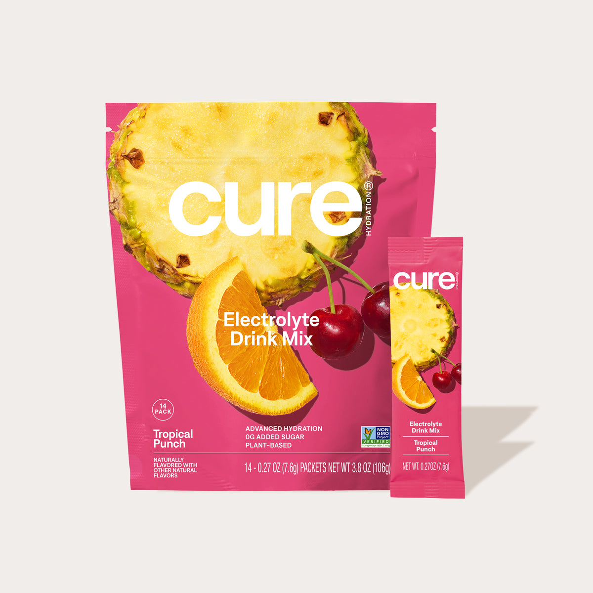Cure Cocktail Mix Tropical Punch flavor package with pineapple and orange images, showing text 'cure', 'Cocktail Mix', 'Tropical Punch', and '12 FL OZ (355 mL)'