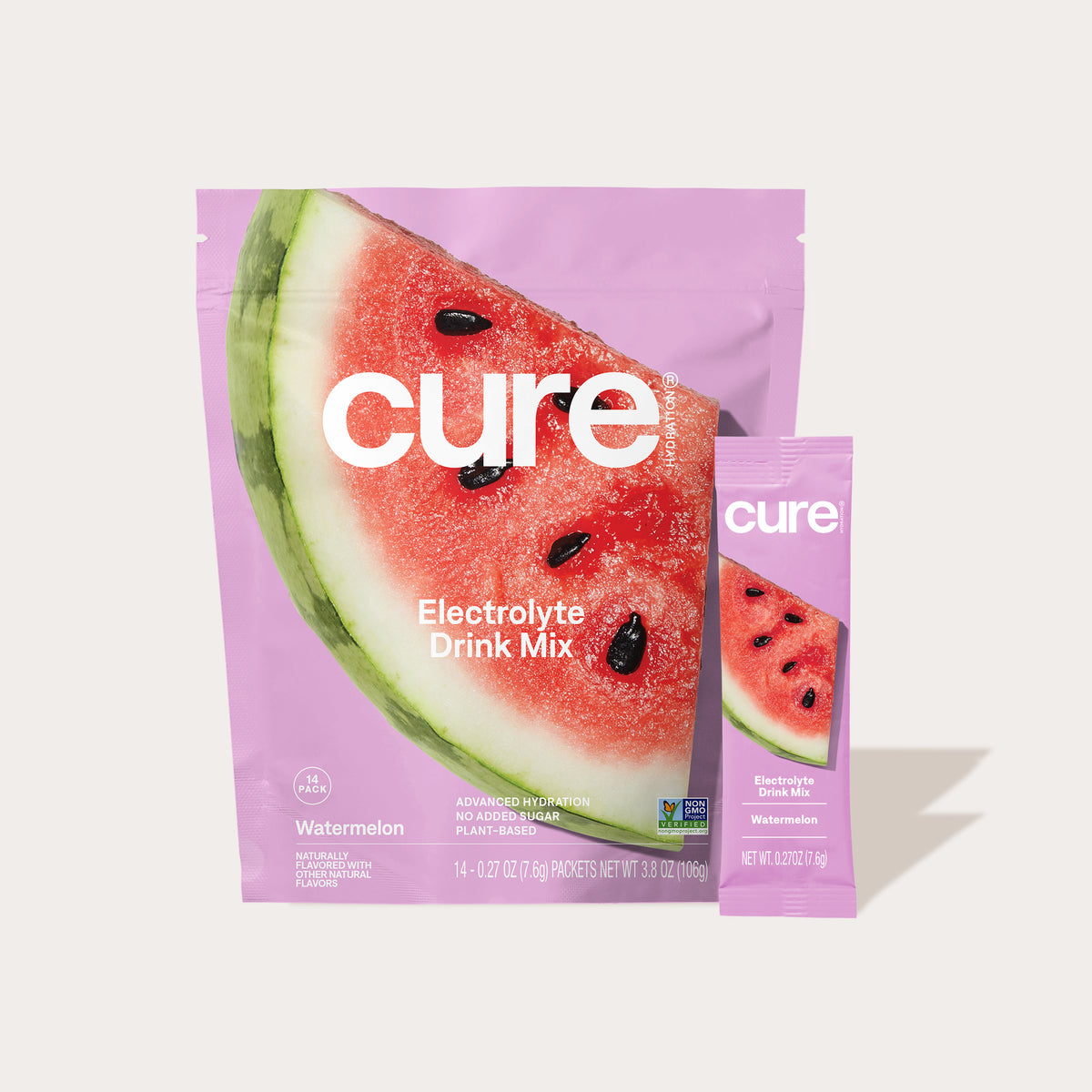 Packaging of Cure Watermelon Detox Mix with a large watermelon slice on a pink background, showing the word 'cure' and 'Watermelon Detox Mix'