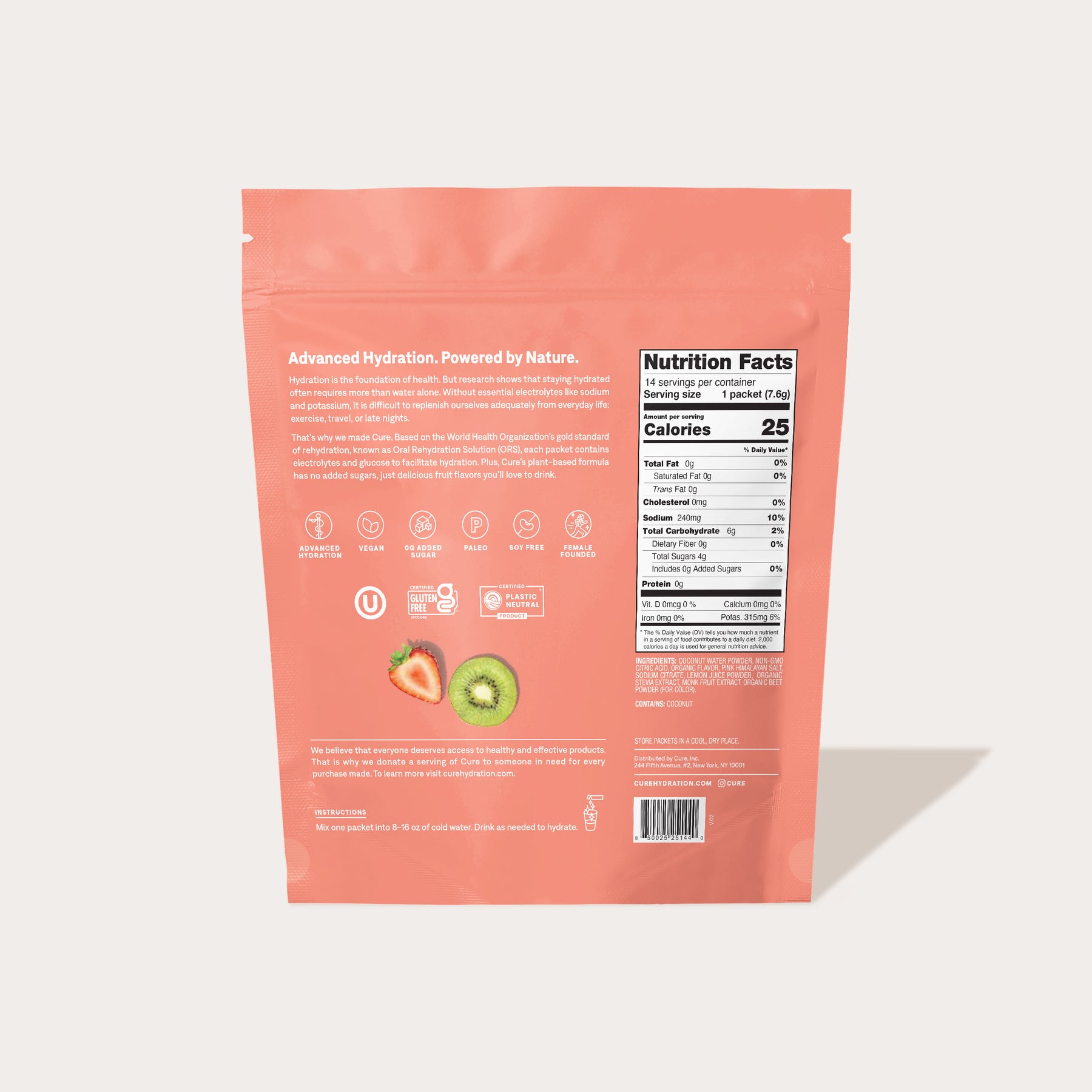 Back of a pink product package showing nutrition facts and icons, with images of a sliced kiwi and a strawberry.