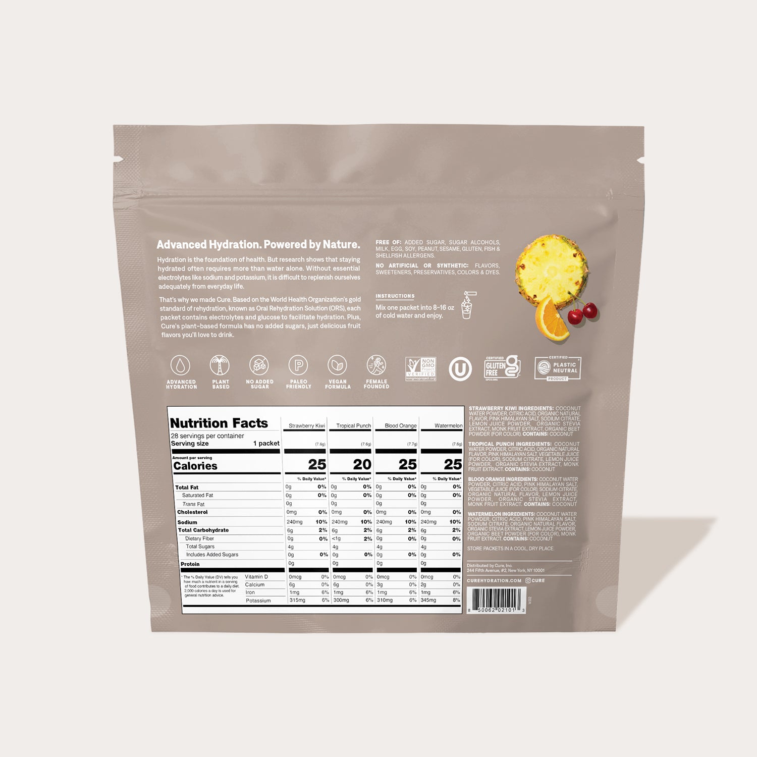 Back of Tropical Variety Pack packaging showing nutrition facts and ingredients