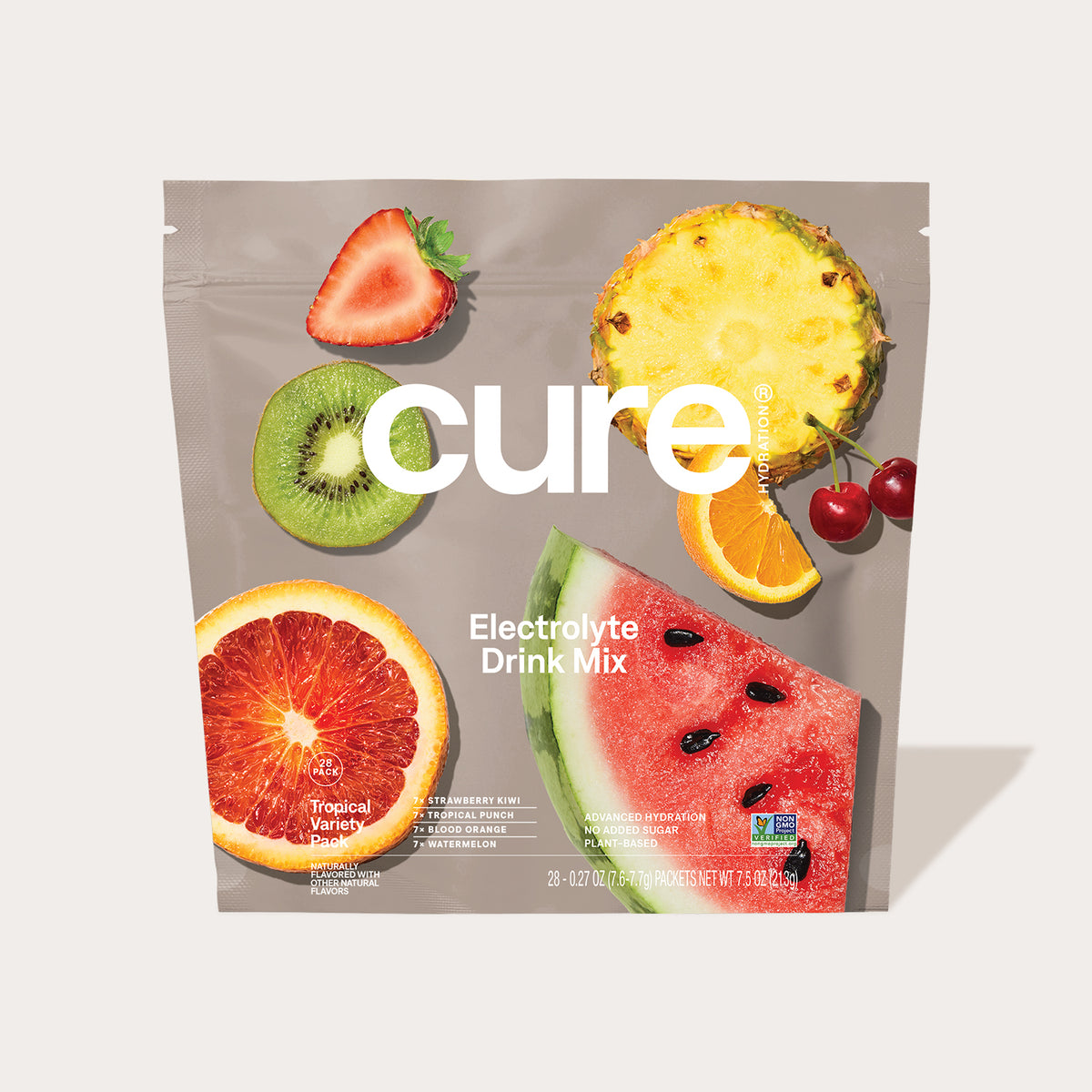 Cure Electrolyte Drink Mix Tropical Variety Pack with strawberry, kiwi, pineapple, orange, cherry, grapefruit, and watermelon