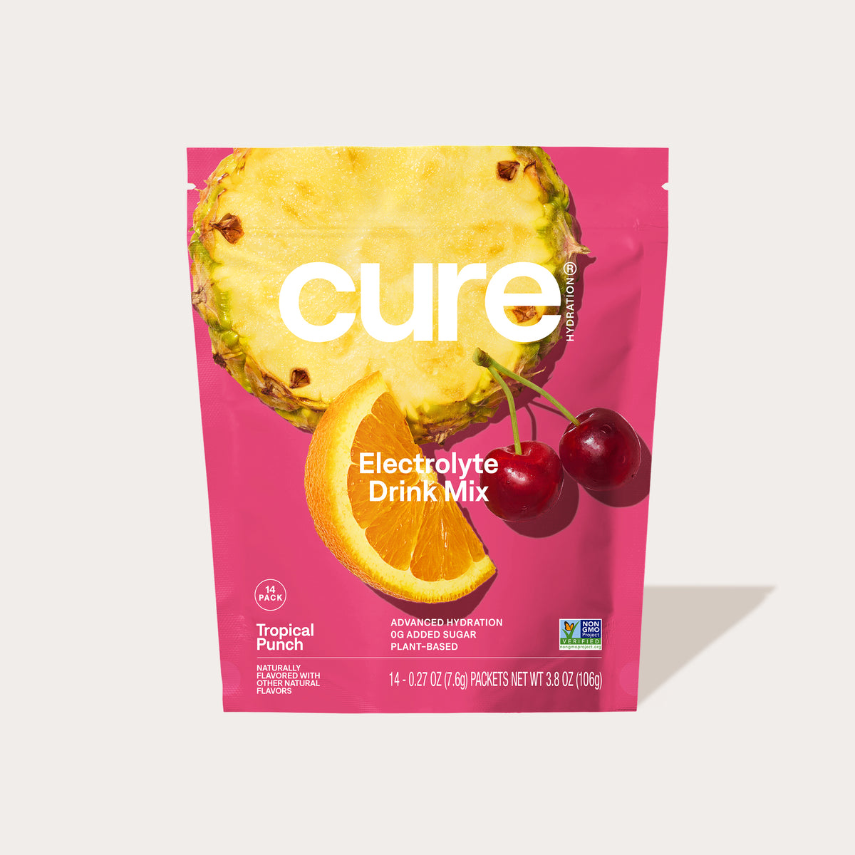 Cure Electrolyte Drink Mix Tropical Punch flavor packaging with images of pineapple, orange slice, and cherries