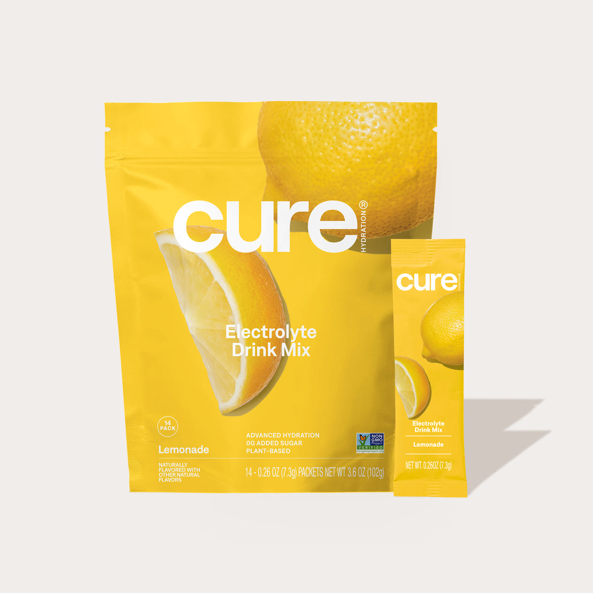 Cure Electrolyte Drink Mix Lemonade flavor packaging with lemon slice and whole lemon images