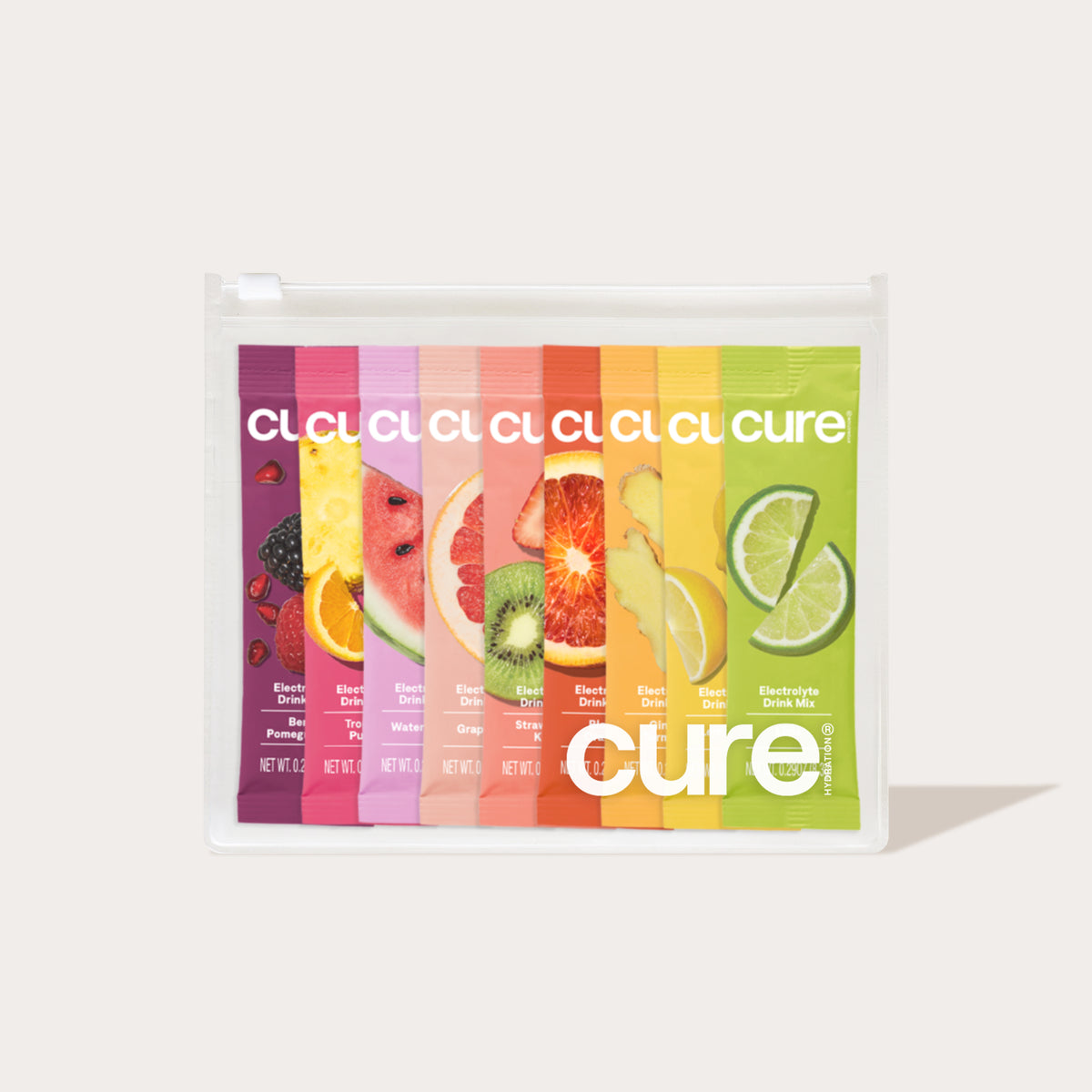Set of seven colorful Cure brand packets with fruit images, labeled 'Starter Kit'