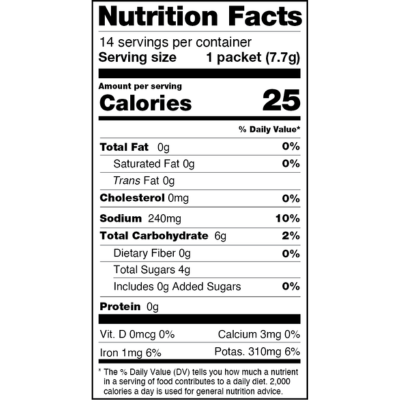 Nutrition facts label showing calories, sodium, carbohydrates, and vitamins for 1 packet (7.7g) serving