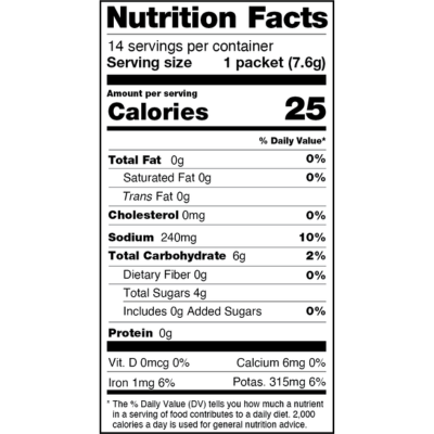 Nutrition Facts label for Strawberry Kiwi flavor showing 25 calories, 0g fat, 240mg sodium, 6g carbohydrates, 0g protein per 7.6g serving.