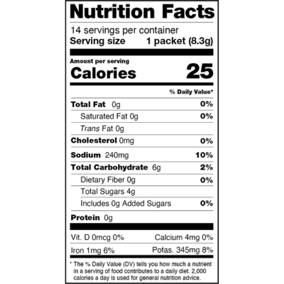 Nutrition Facts label for Ginger Turmeric, showing 14 servings per container, 25 calories per serving, 0g fat, 240mg sodium, 6g carbohydrates, 0g protein.