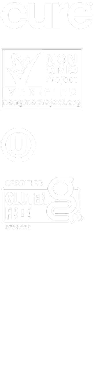 'Cure' logo, Non GMO verified, Kosher, Gluten Free, Inc 5000 award, HSA/FSA Accepted
