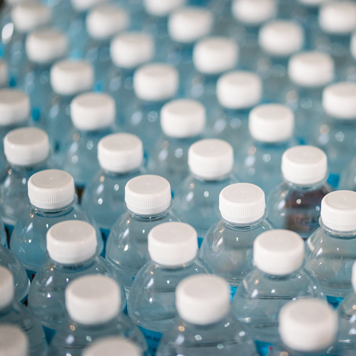 Rows of bottled water.