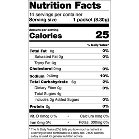 Nutrition facts for orange electrolyte mix.