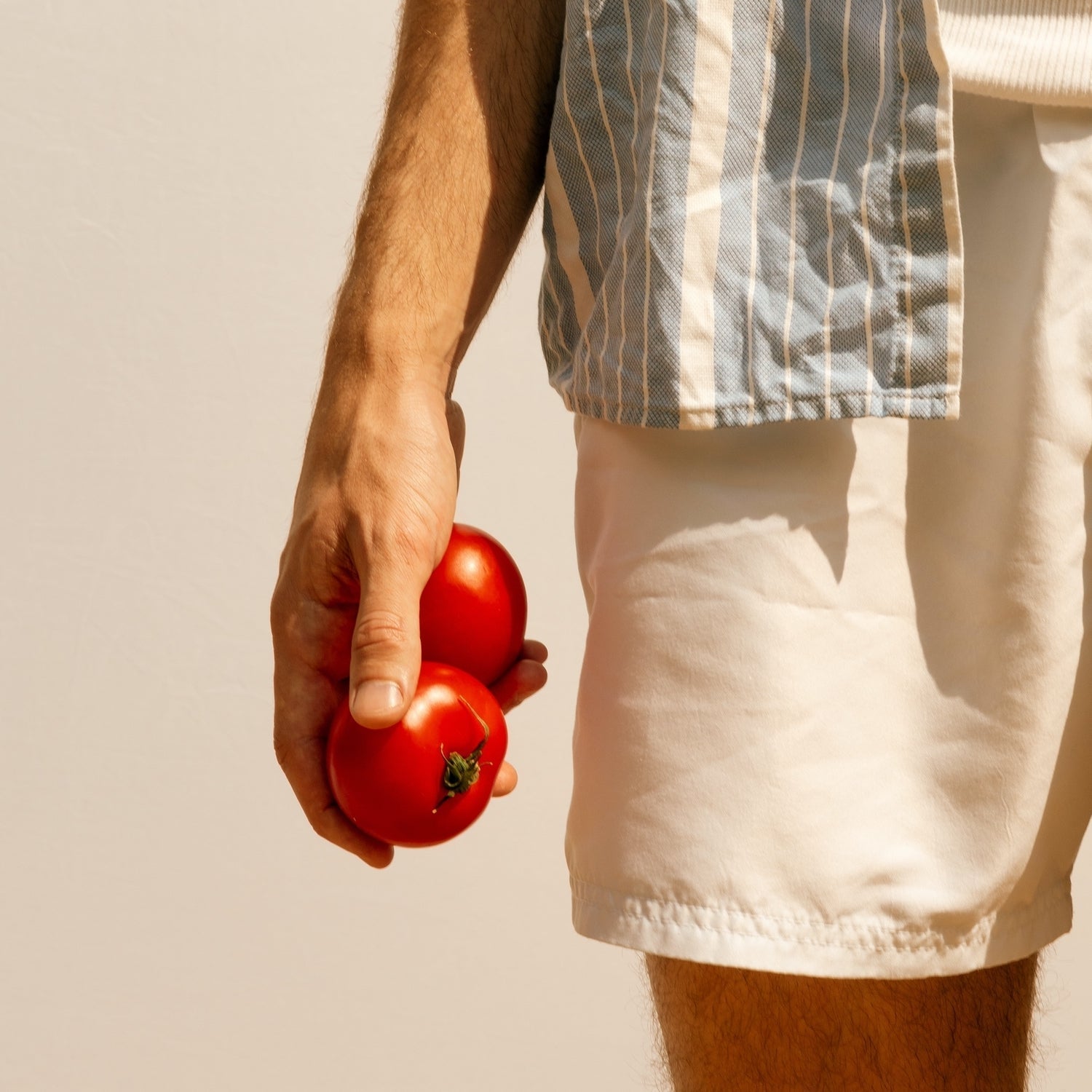 Hand holding two red tomatoes against a plain background.