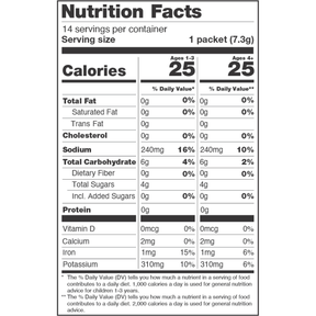 Nutrition facts label for Pink Lemonade powder — 14 servings; serving size 1 packet (7.3g); 25 calories per packet.