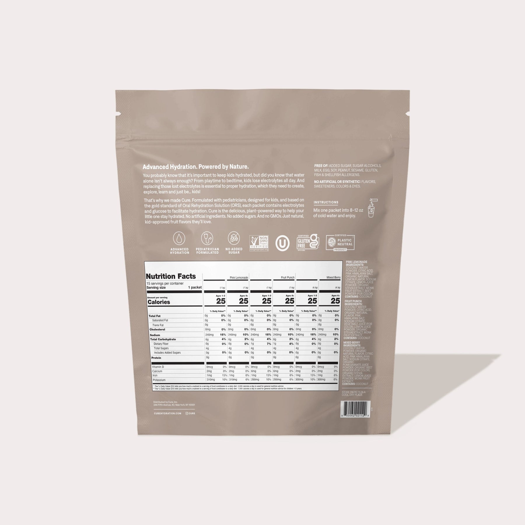 Back of a kids electrolyte powder pouch showing Nutrition Facts panel, product claims, and usage instructions.