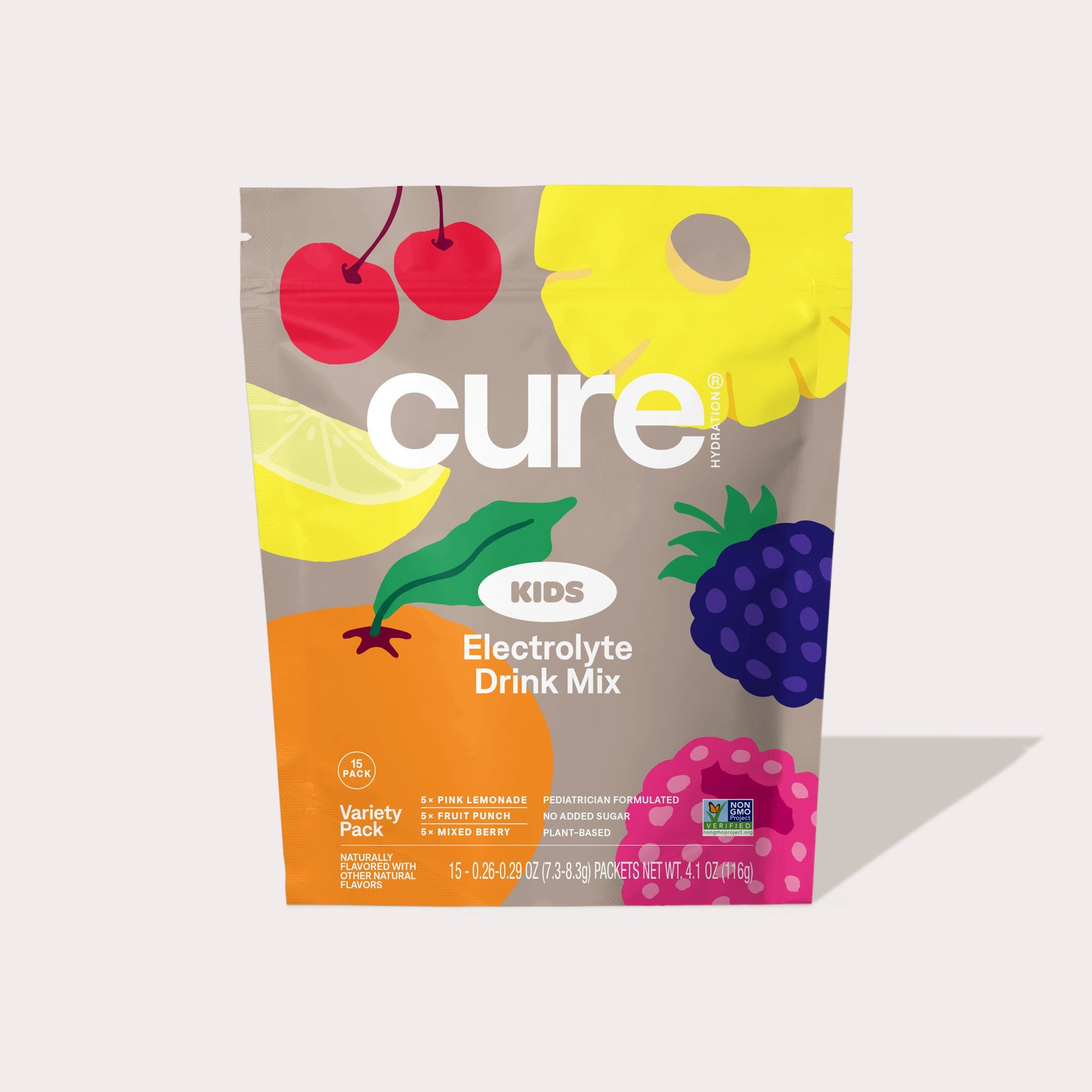 cure KIDS Electrolyte Drink Mix Variety Pack pouch with cherry, lemon, grape and raspberry illustrations.