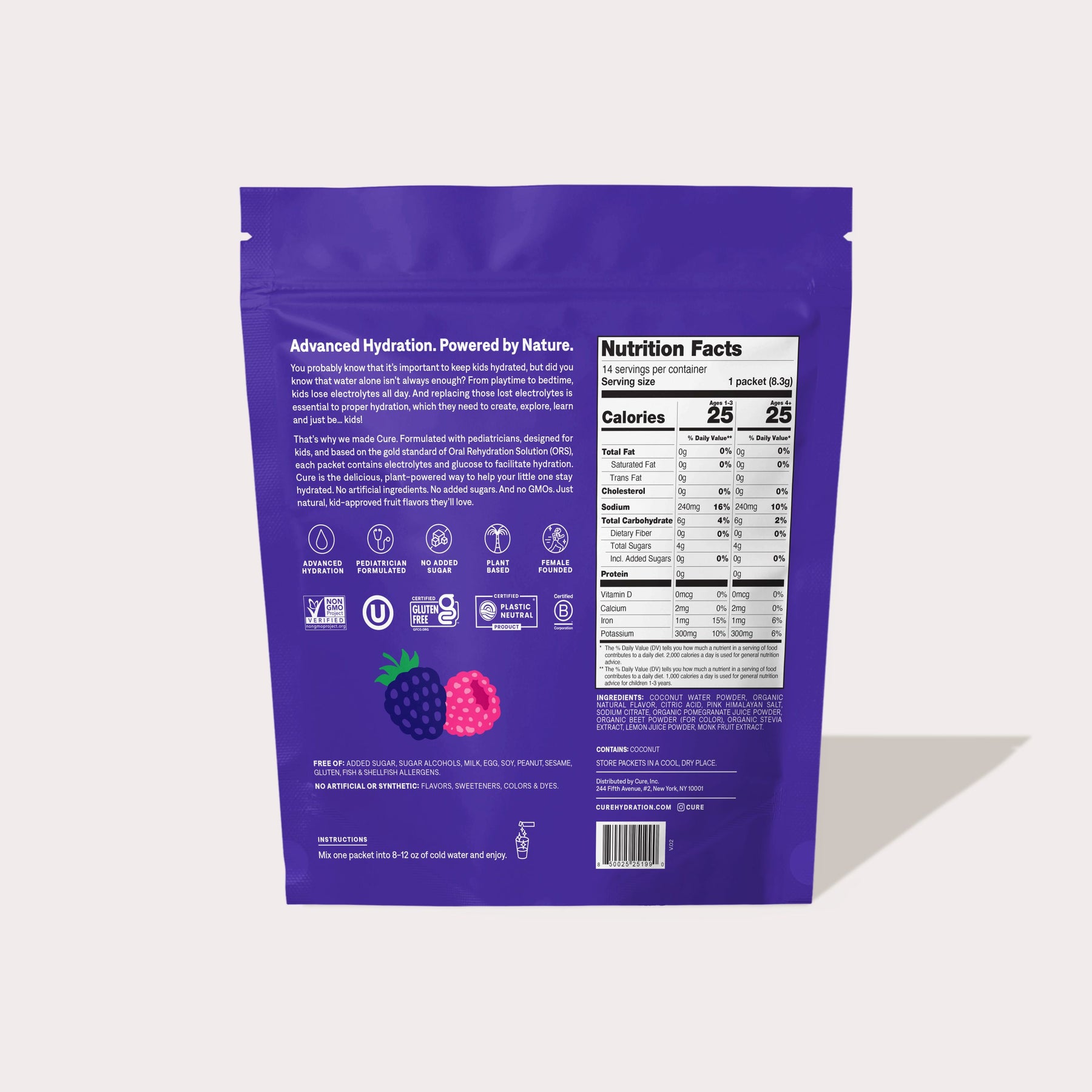 Purple pouch back showing nutrition facts panel, product description text, icons and berry illustrations.