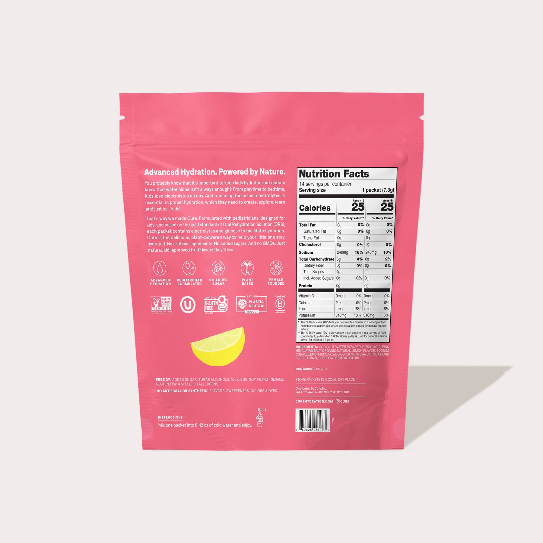 Back of pink 'Pink Lemonade' pouch showing Nutrition Facts panel, Calories 25, lemon graphic, barcode and ingredients text.