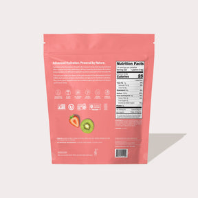 Back of a pink product package showing nutrition facts, strawberry and kiwi images, and ingredient information.