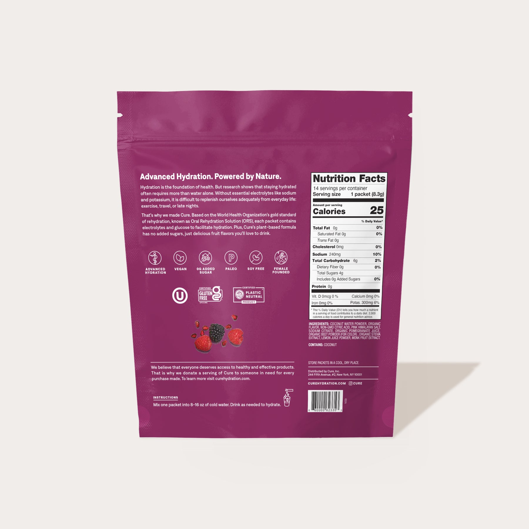 Back of Berry pomegranate electrolyte mix pack with product info.