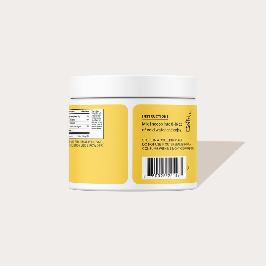 Back of Cure Lemonade jar showing instructions, nutrition facts and barcode on yellow label