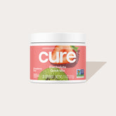 Front view of Cure Electrolyte Drink Mix strawberry kiwi jar showing label and 28 servings text on pale beige background