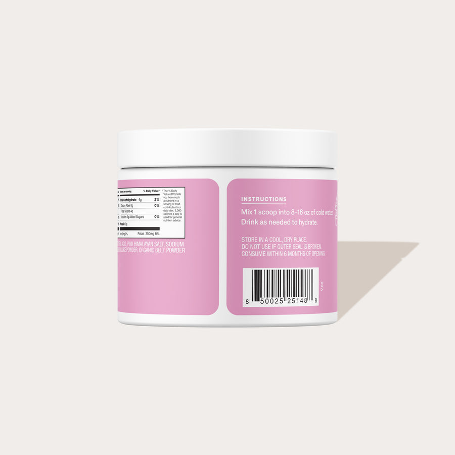 Plastic jar with pink rear label showing nutrition facts panel and barcode