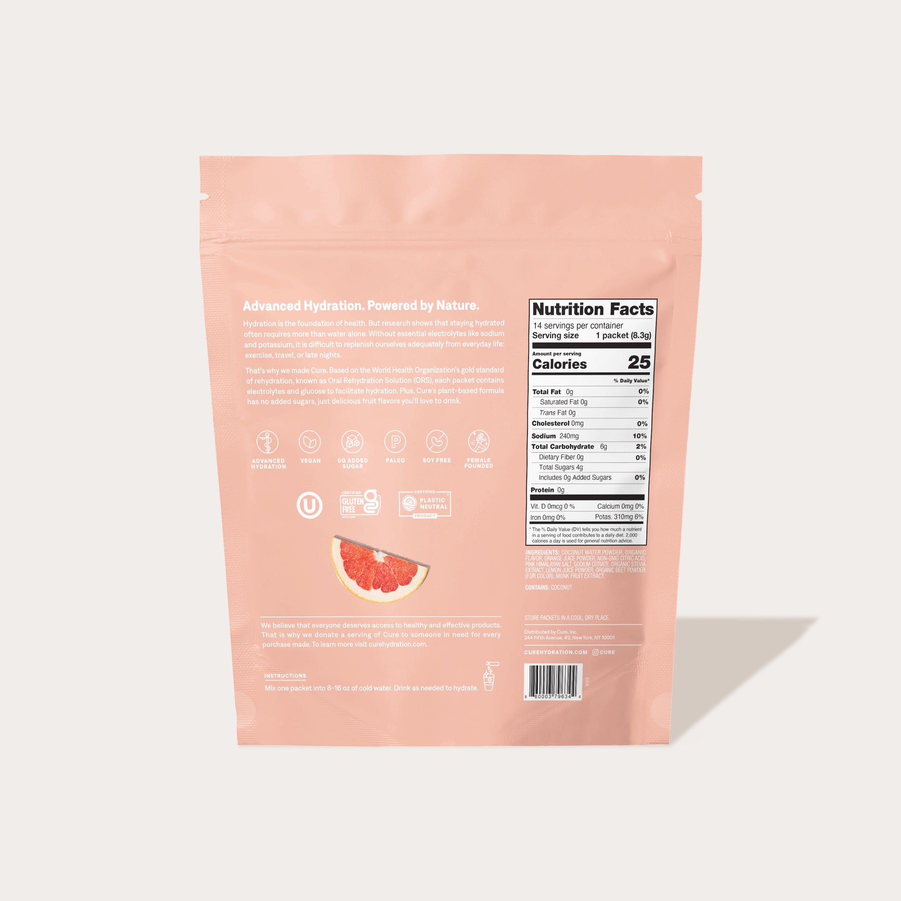 Back of Grapefruit electrolyte mix pack.