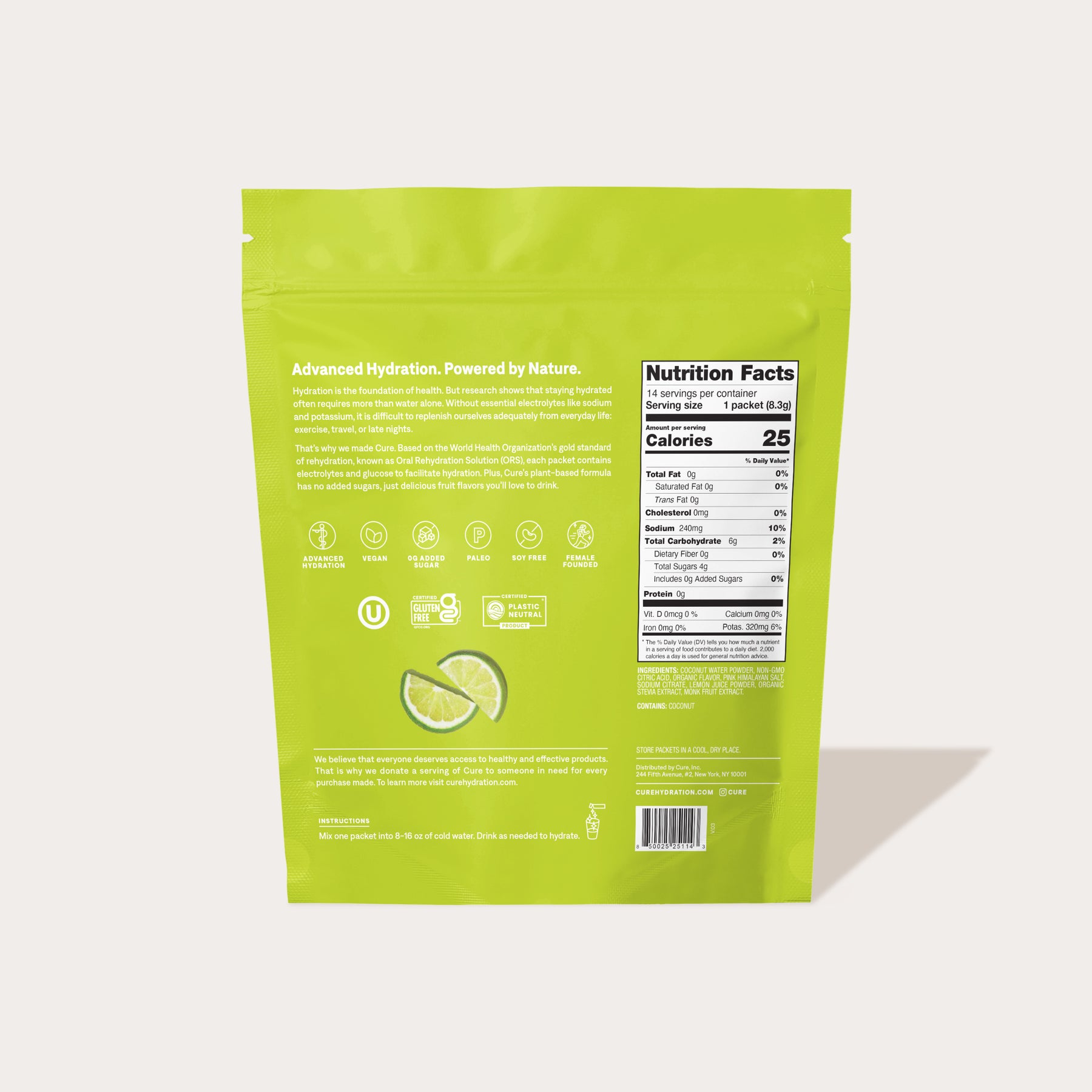Back of Lime electrolyte mix packet with product details.