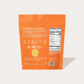 Back of Orange electrolyte mix pack with product details.