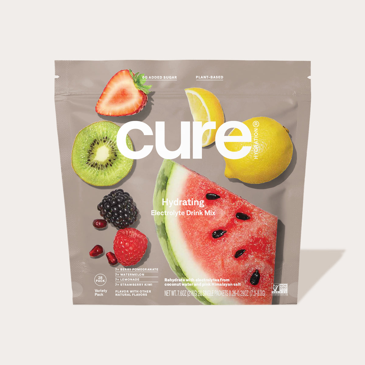 Variety pack of 'Cure' electrolyte drink mixes with fruits.