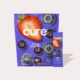 Front view of Acai Berry Energy Drink Mix 14 pack pouch (3.1 oz) and single stick packet showcasing Cure logo and fruit artwork on a pale background