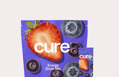 cure HYDRATION Energy Drink Mix Acai Berry 14 PACK 100 MG CAFFEINE NO ADDED SUGAR PLANT-BASED NET WT 3.1 OZ, fruit artwork