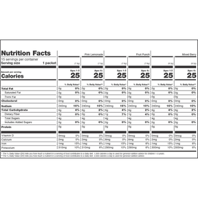 Nutrition Facts panel; 15 servings per container; Serving size 1 packet; Calories 25; Pink Lemonade, Fruit Punch, Mixed Berry