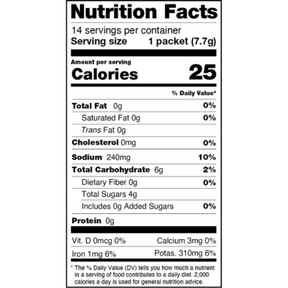 Nutrition facts label showing calories, sodium, carbohydrates, and vitamins for 1 packet (7.7g) serving