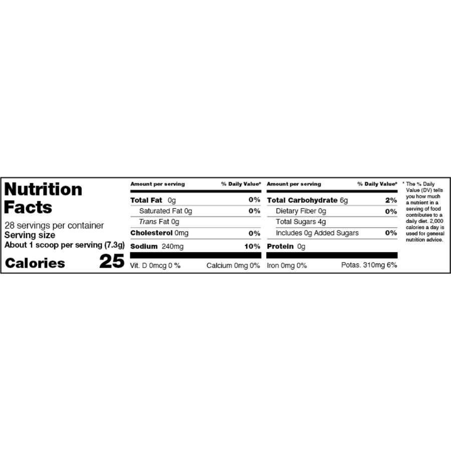 Nutrition Facts label for lemonade powder—28 servings; serving size about 1 scoop (7.3g); 25 calories; sodium 240mg; total carbs 6g.