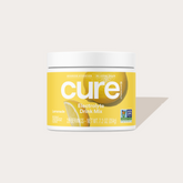 cure electrolyte drink mix tub, lemonade flavor, yellow label with lemon graphic and Non-GMO Project badge