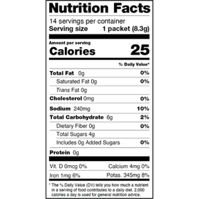 Nutrition Facts label for Ginger Turmeric, showing 14 servings per container, 25 calories per serving, 0g fat, 240mg sodium, 6g carbohydrates, 0g protein.