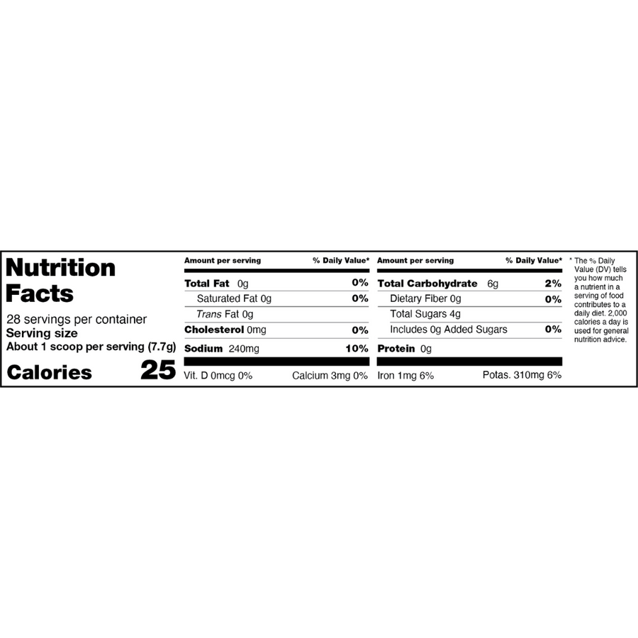 Nutrition facts label showing 25 calories per serving, serving size 1 scoop (7.7 g), 28 servings per container