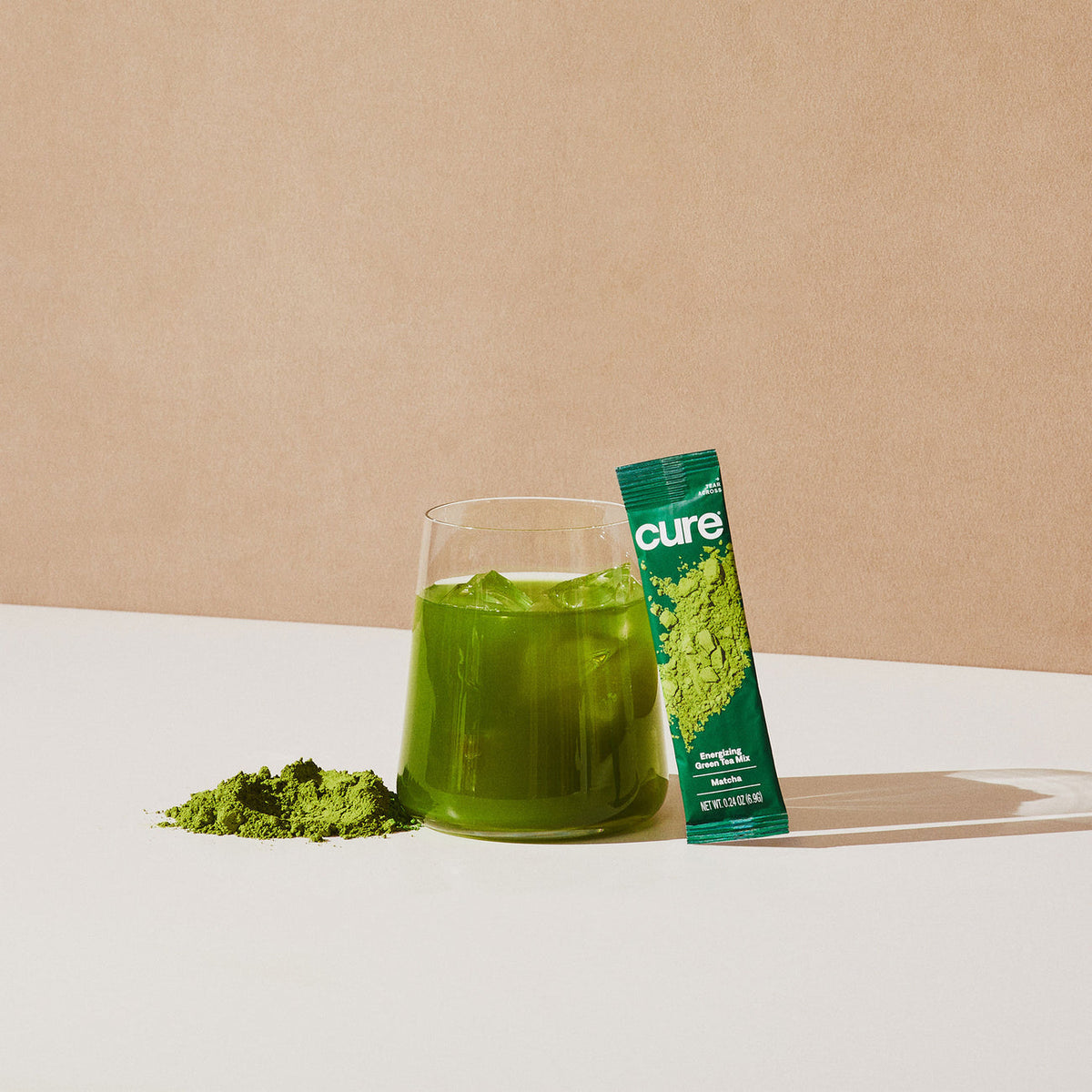 Matcha tea drink with pack.